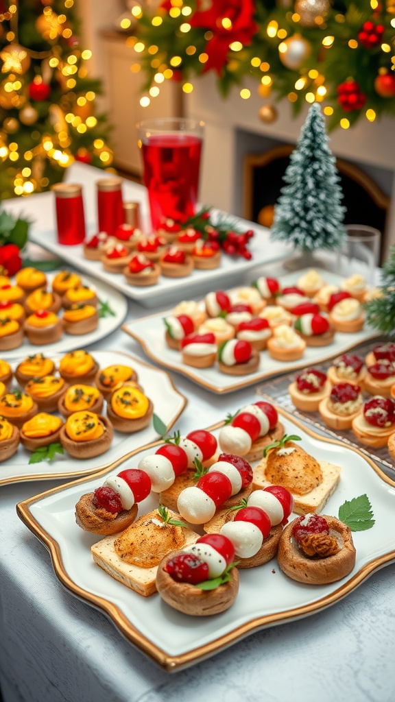 A beautiful spread of Christmas appetizers including stuffed mushrooms, Caprese skewers, cranberry brie bites, and more, set on a festive table.